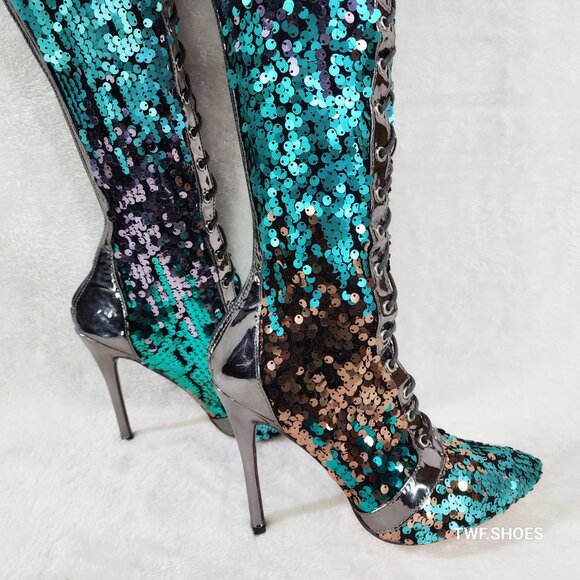 Over the Knee Thigh High Lace Up Stiletto Heel Sequin Boots Pewter - Picture 6 of 11